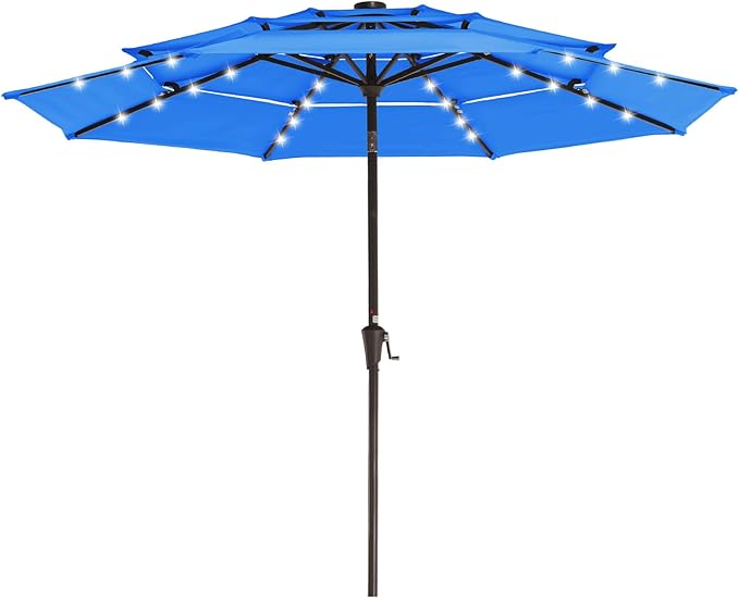 JEAREY 3 Tiers Patio Umbrella with Solar Lights 9ft Outdoor Market Table Umbrellas with Push Button Tilt for Outside Pool Garden, Royal Blue