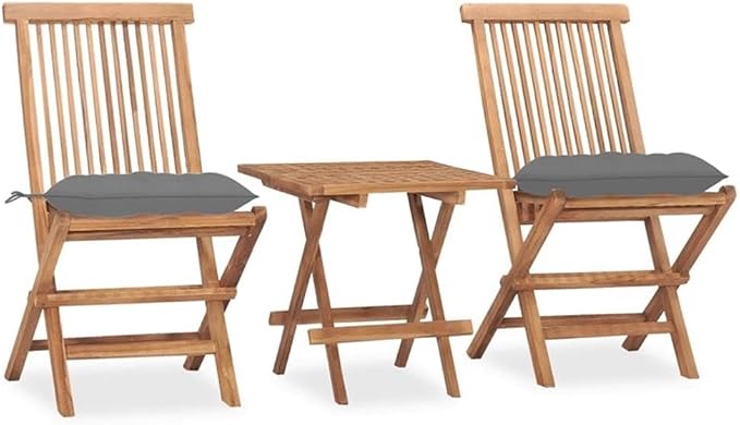 BOWERY HILL 3-Piece Teak Wood Folding Outdoor Dining Set, Gray Finish, Compact Patio Table and Chairs with Cushions, Weather-Resistant Polyester, Space-Saving Design, Garden and Terrace Dining Set