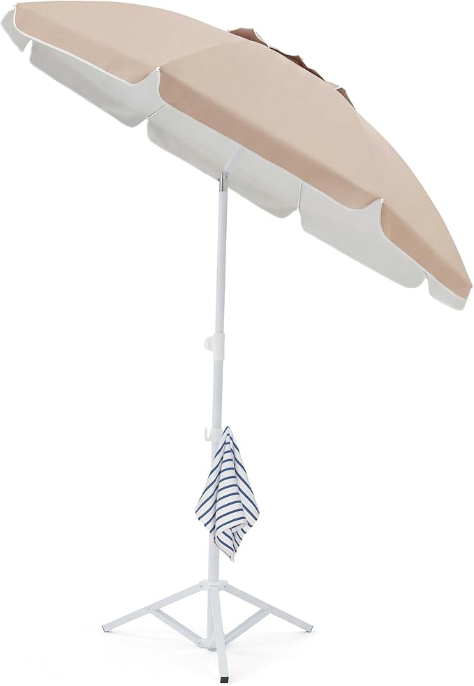 JEAREY 6.5ft Sun Shade Umbrellas, Portable Umbrella with Stand, Lightweight Sun Protection Free Standing Sport Umbrella for Outdoor Sports, Camping, Fishing, Patio, Beach, Beige