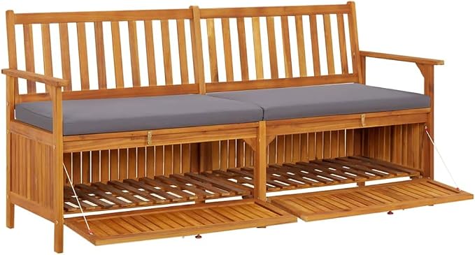 Patio Storage Bench with Gray Cushion, Outdoor Wooden Deck Box, Solid Wood Patio Furniture for Outdoor Cushions, Pool Storage and Garden Tools, 66.9"x24.8"x33.1", -335