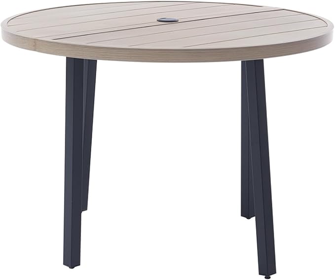 42" Round Patio Table with Umbrella Hole, Metal Outdoor Dining Table for Garden, Backyard and Deck, 4 Person Round Patio Dining Table for Outside, Honey Oak