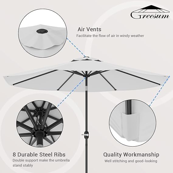 Greesum 9FT Patio Umbrella, Outdoor Table Umbrella with Push Button Tilt, Crank and 8 Sturdy Ribs for Garden, Lawn, Backyard & Pool