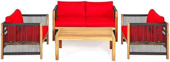 Pemberly Row 4-Piece Acacia Wood Patio Conversation Set, Cushioned Seats, Contemporary Style, Red Finish, Includes Coffee Table, Loveseat, 2 Chairs, Durable Outdoor Furniture for Backyard or Garden