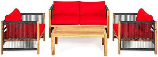 Pemberly Row 4-Piece Acacia Wood Patio Conversation Set, Cushioned Seats, Contemporary Style, Red Finish, Includes Coffee Table, Loveseat, 2 Chairs, Durable Outdoor Furniture for Backyard or Garden