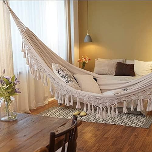 Outdoor Hammock Garden Cotton Hammock Macrame Fringe Hammocks Boho Balcony Hammocks with Handmade Tassels 2 Person Double Hamock 480lbs for Home,Backyard,Beach,Patio