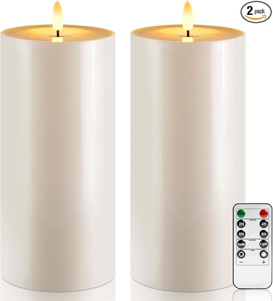 Raycare 2Pcs 4'' X 10'' Large Waterproof Outdoor Flameless Candle, Battery Operated LED Candles with Remote Control and Timer, Electric Fake Plastic Pillar Candles, Ivory