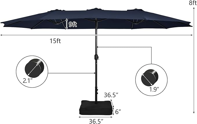 Tangkula 15FT Double-Sided Patio Umbrella with Base, Extra-Large Market Umbrella W/Crank System, Outdoor Twin Umbrella W/ 12-Rib Metal Structure & Air Vents for Garden, Backyard, Poolside (Navy)