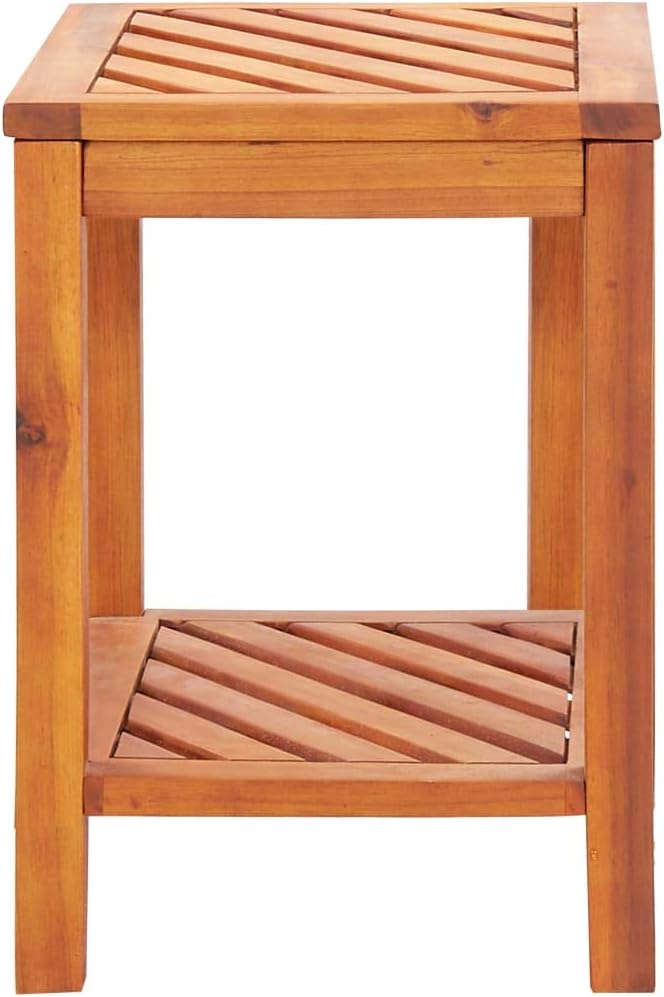 Solid Acacia Wood Side Table 17.7x13x17.7 Inches, Weather Proof Outdoor End Table with Two Shelves, Classic Diagonal Pattern for Indoor or Outdoor Living Space