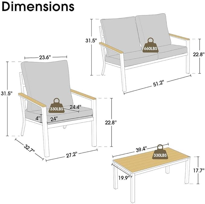 ivinta 4 Pieces Patio Furniture Sets with Coffee Table, Modern Wrought Iron Outdoor Conversation Sets with Removable Seating Cushion for Backyard Garden Porch, PF05 (Gray)