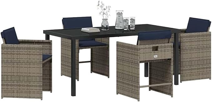 Afuera Living 5 Piece Poly Rattan Garden Dining Set, Gray Finish, Cushioned Seats, Tempered Glass Tabletop, Powder-Coated Steel Frame, UV-Resistant, Stylish Patio or Garden Seating