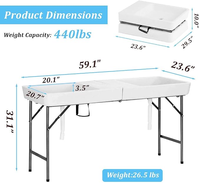 Folding Ice Cooler Table 5ft with Drain, White | Portable Chill Station, No Setup Required, Skirt-Ready, For Parties, Picnics & BBQs, Load & Serve Drinks & Food