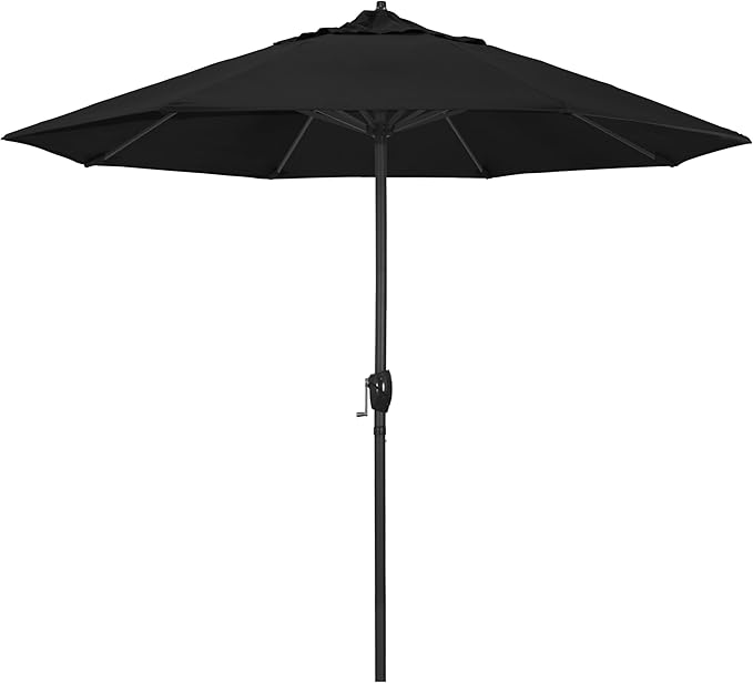 California Umbrella 12-Year Protection 9' Rd Aluminum Patio Umbrella, Crank Lift, Auto Tilt, Black Finish, Sunbrella Black