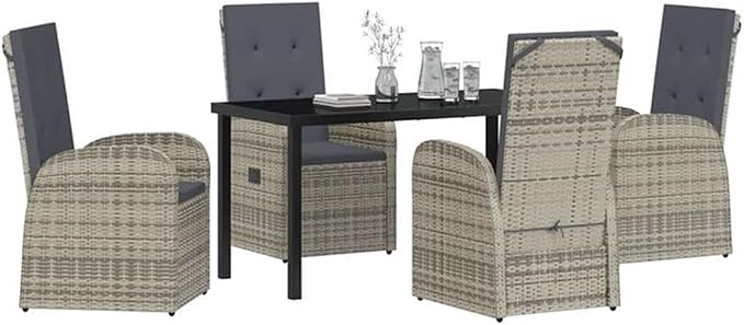 Afuera Living 5 Piece Poly Rattan Patio Dining Set, Black Finish, Powder-Coated Steel Frame with Tempered Glass Table, Weather-Resistant Cushions, Adjustable Backrest, Modern Outdoor Furniture for