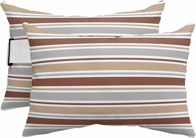 Pack of 4 Outdoor Lumbar Pillow Covers 12x20 Inch, Beige Khaki Striped Waterproof Throw Pillow Covers Set, Farmhouse Stripes Modern Abstract Art Outside Decorative Cushion Cases for Patio Porch Car