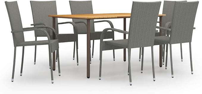 7 Piece Patio Dining Set Poly Rattan Gray Outdoor Table and Chairs for 6, Solid Acacia Wood Dining Table with Steel Frame, Stackable Weather Resistant PE Rattan Chairs for Backyard Garden Deck Patio