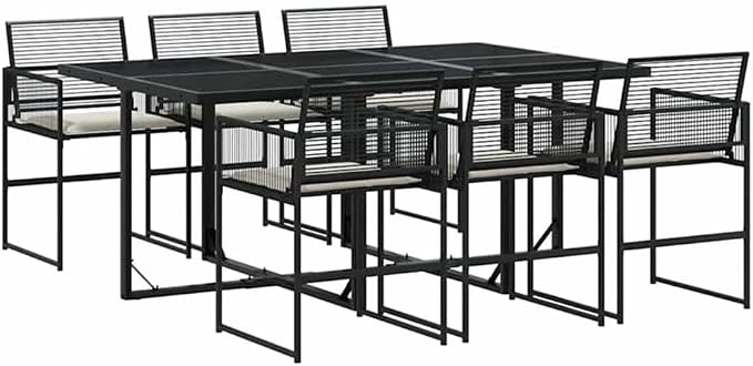Afuera Living 7-Piece Patio Dining Set, Poly Rattan and Powder-Coated Steel, Black and Cream Finish, UV-Resistant Cushions, Tempered Glass Tabletop, Outdoor Use, Garden, Patio, Terrace Seating for 6