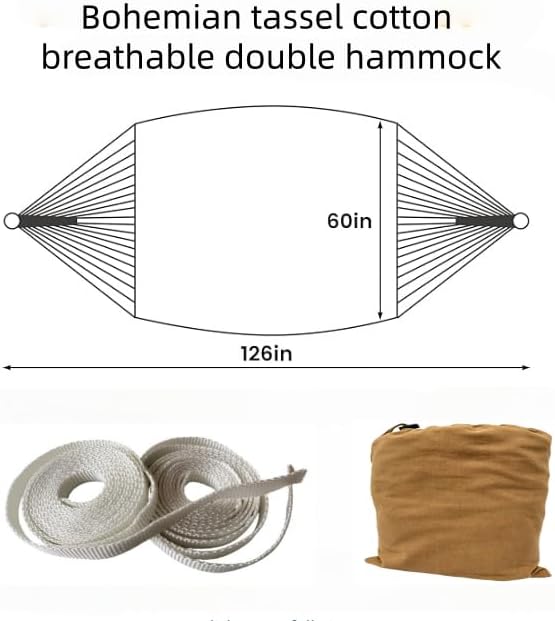 Boho Fringe Hammock with Carry Bag and 2 Tree Straps, 2 Person Fabric Hammock, 500 lb Capacity for Backyard, Porch, Patio, Camping, Indoor Outdoor Use
