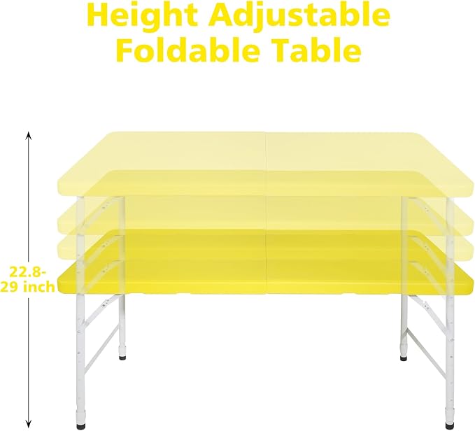 Anwick 4 Foot Folding Table Portable Fold-in-Half Plastic Picnic Table w/Handle and Steel Legs for Indoor, Outdoor, Camping, Party, Garden (Yellow, 4ft)