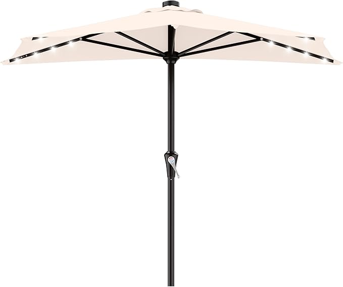 AreShark 9ft Patio Half Umbrellas with Solar Lights, 1/2 LED Half Outdoor Umbrella w/ 20 LED Lights, Lighted Table Wall Umbrella with Crank & 5 Sturdy Ribs for Market, Pool, Deck, Lawn and Garden, Cream White