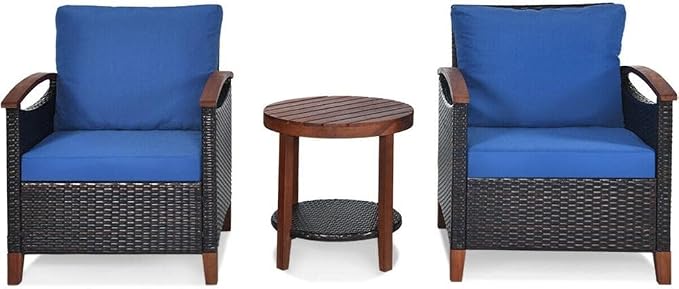 3PCS Patio Rattan Furniture Set Solid Wood Frame Cushion Sofa Round Table Shelf Seat Cushion (Color : A) (B)