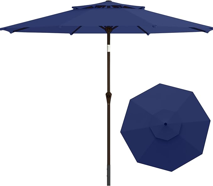 9FT Patio Umbrella 2-Tier Outdoor Market Table Umbrella with Push-Button Tilt & Crank | UPF 50+ & Waterproof for Backyard,Garden,Pool,Deck(Navy)