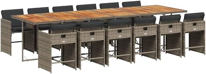 13 Piece Outdoor Dining Set with Cushions Gray Poly Rattan Patio Furniture for Garden Backyard Deck Space-Saving Folding Chairs Acacia Wood Table