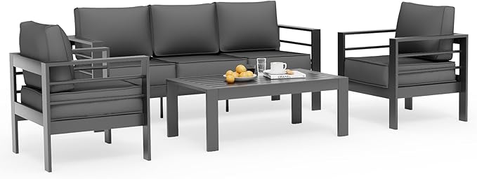 UDPATIO Aluminum Patio Furniture Set, 4 Pieces Outdoor Conversation Set with Waterproof Covers, All-Weather Modern Sectional Sofa for Patio, Deck, Backyard, Dark Grey/Dark Grey