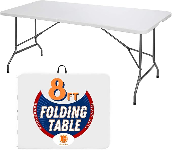 8FT Folding Table Indoor Outdoor Heavy Duty Portable Folding Plastic Dining Table w/Handle, Lock for Picnic, Party, Camping - White