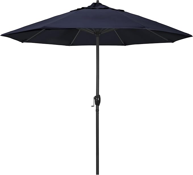 California Umbrella 12-Year Protection 9' Rd Aluminum Patio Umbrella, Crank Lift, Auto Tilt, Black Finish, Sunbrella Navy