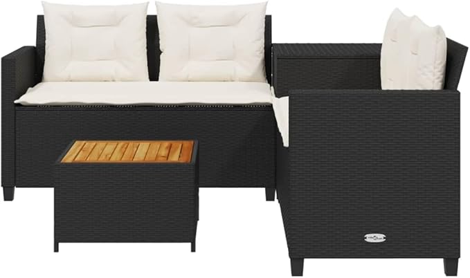 Patio Sofa with Table and Cushions, Outdoor Dining Sets Patio Conversation Set Bistro Set Front Porch Furniture for Piazza Poolside Negotiation Area Exhibition L-Shaped Black Poly Rattan