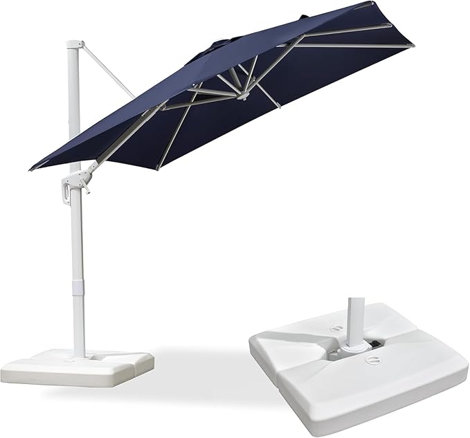 PURPLE LEAF 8 FT White Patio Umbrella With Base Outdoor Cantilever Umbrellas Square Offset Umbrella Windproof with 360° Rotation for Garden Deck Pool, Navy Blue