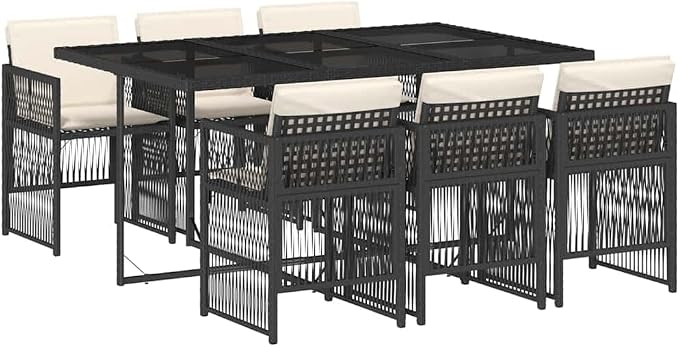 7 Piece Outdoor Dining Set for 6, Poly Rattan Patio Table and Chairs, Space-Saving Foldable Garden Furniture with Cushions, Black