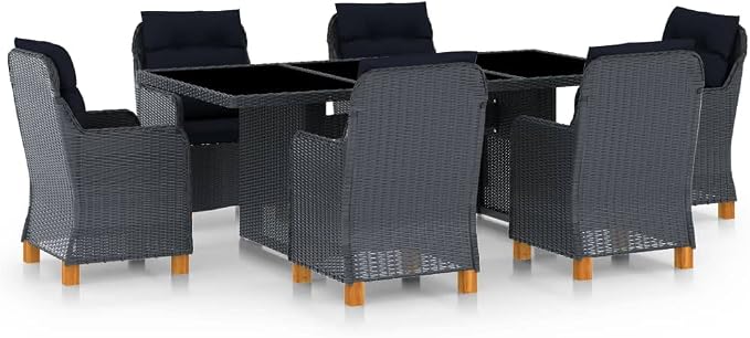 7 Piece Patio Dining Set with Cushions, Poly Rattan Dark Gray Outdoor Dining Table and Chairs, PE Rattan Patio Furniture Set with Removable Cushions, Rustic Acacia Wood Legs Garden Backyard Balcony