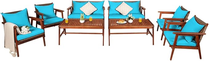 Tangkula 8 PCS Patio Wood Sofa Set, Outdoor Acacia Wood Seating Chat Set with Cushions & Coffee Table, Sectional Conversation Sofa Set for Garden, Backyard, Poolside (2, Turquoise)