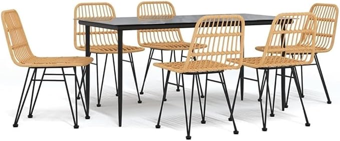 Afuera Living 7 Piece Rectangular Garden Dining Set, Powder-Coated Steel and UV Resistant Poly Rattan, Black Finish, 63 x 31.5 x 29.1 in, Tempered Glass Tabletop, Indoor/Outdoor Use for Patio or