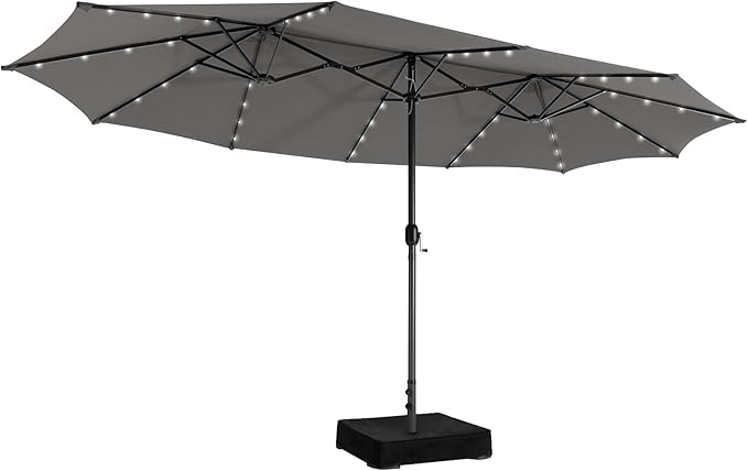 Giantex Large Outdoor Umbrella Double-Sided, 48 Solar Lights, Auto-Charging Solar Panel, Extra Large Patio Umbrella with Base and Crank, Outdoor Market Umbrellas for Poolside Garden