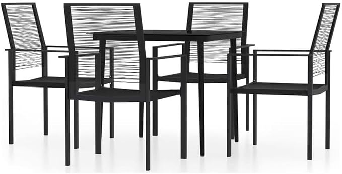 Afuera Living 5-Piece Modern Patio Dining Set, Powder-Coated Steel, Glass, PVC Hollow Rattan, Black Finish, Square Table and 4 Chairs, Water-Resistant, Comfortable Seating, Outdoor Garden or Terrace