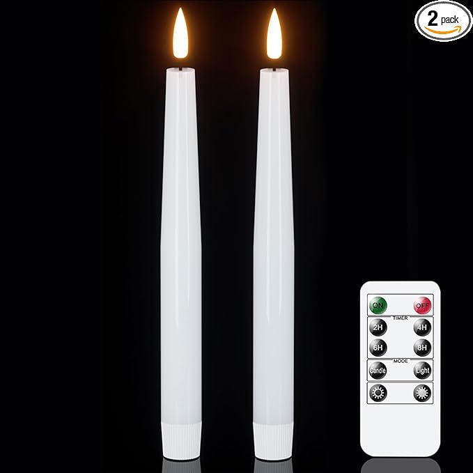 GenSwin Flameless Taper Candles, LED Taper Candles Battery Operated with Remote Timer, Set of 2 Real Wax White Flameless Candlesticks with 3D Flame for Home Weddin Party Holiday Decor (0.78” x 9.84”)