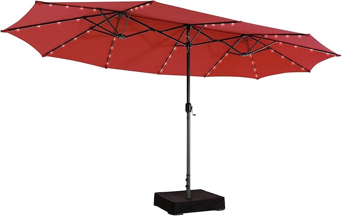 Giantex Large Outdoor Umbrella Double-Sided, 48 Solar Lights, Auto-Charging Solar Panel, Extra Large Patio Umbrella with Base and Crank, Outdoor Market Umbrellas for Poolside Garden