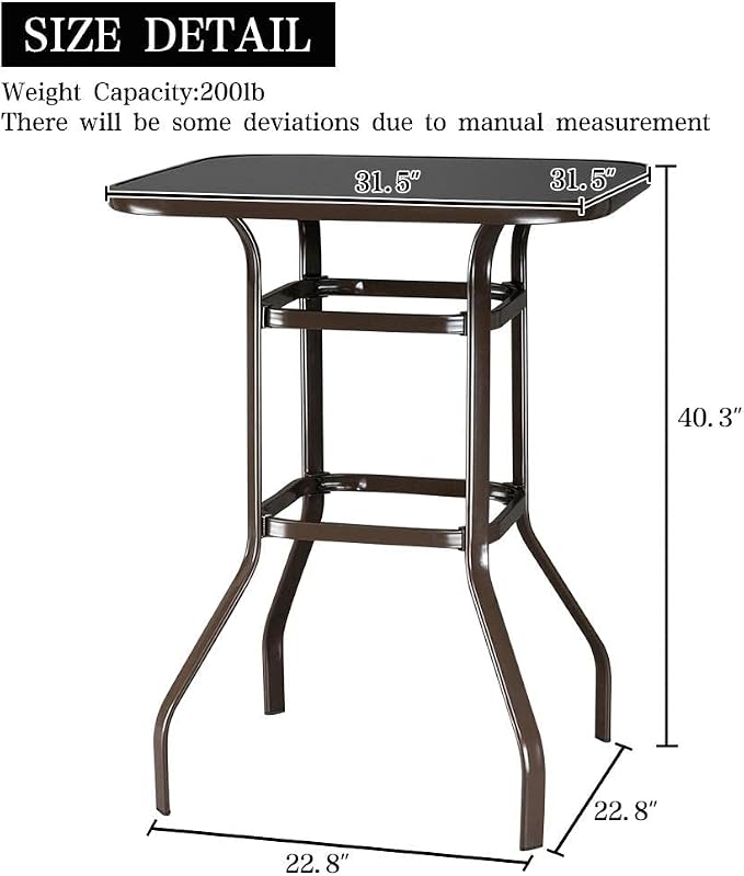 Kopokd Outdoor Bar Table Brown - Furniture Set for Garden Bistro - Bar Height Wrought Iron Table with Glass Top