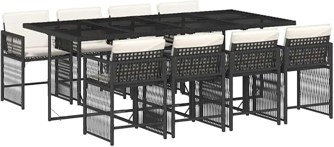 9 Piece Garden Dining Set, Black Poly Rattan Patio Furniture with 8 High-Back Chairs and Large Rectangular Table, Outdoor Dining Table Set for Backyard, Garden, and Balcony