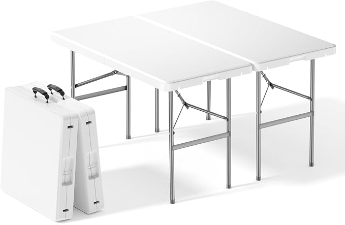Sweetcrispy 4 FT Folding Picnic Table 2 Pack, Easy to Fold and Store, Foldable Table for Camping Picnic Dining Party Kitchen Outdoor Indoor with Carrying Handle