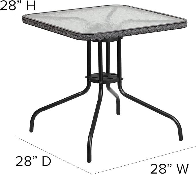 Flash Furniture 5-Piece 28" Square Indoor/Outdoor Patio Table and Chairs Set, Glass Metal Bistro Table and 4 Stacking Rattan Chairs, Gray