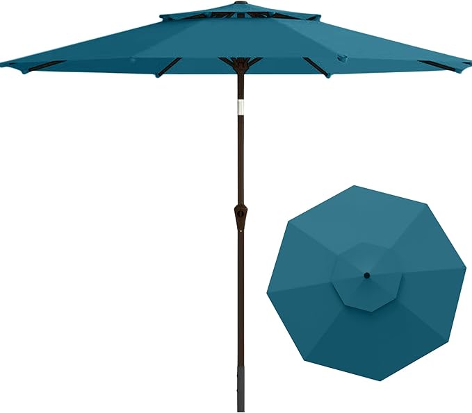 9FT Patio Umbrella 2-Tier Outdoor Market Table Umbrella with Push-Button Tilt & Crank | UPF 50+ & Waterproof for Backyard,Garden,Pool,Deck (Lake Blue)