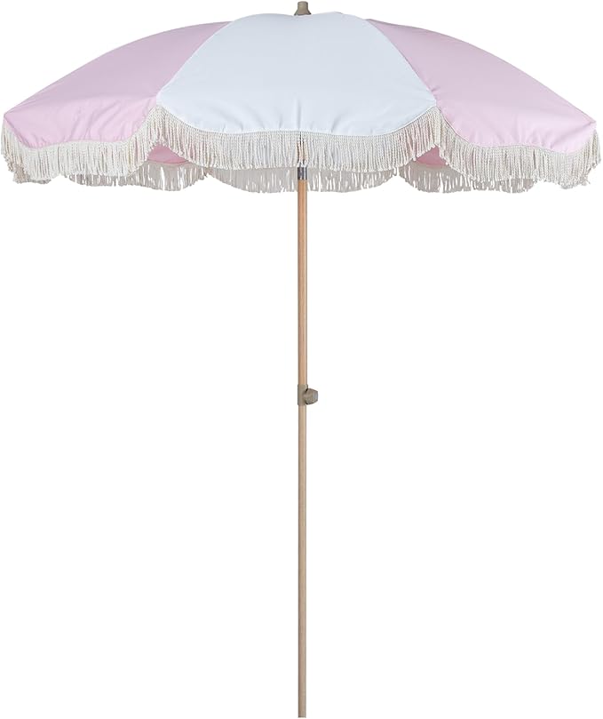 Tempera 7ft Boho Beach & Patio Umbrella with Fringe, Market Umbrellas with UPF 50+ UV & Water-Resistant Canopy, 1.5" Wood Pole & Button Tilt.