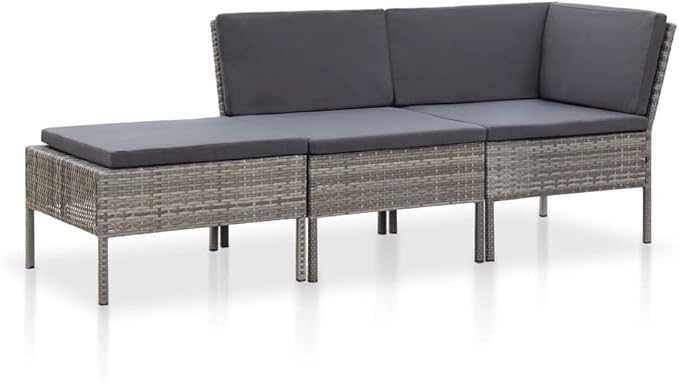 vidaXL Patio Furniture Set 3 Piece, Patio Conversation Set with Cushions, Outdoor Sectional Sofa with Footrest for Garden, Poly Rattan Gray