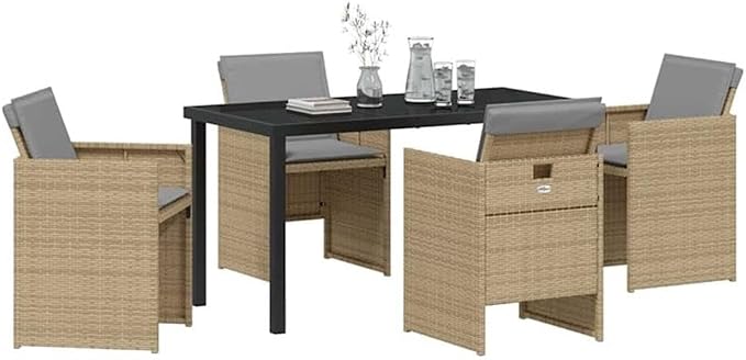 Afuera Living 5 Piece Poly Rattan Garden Dining Set, Beige Cushions, Tempered Glass Tabletop, Powder-Coated Steel Legs, Foldable UV-Resistant Chairs, Modern Patio Set for Outdoor Dining or Gatherings