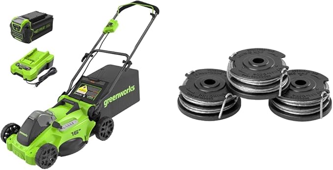 Greenworks 40V 16" TruBrushless™ Cordless Lawn Mower, 4.0Ah Battery and Charger Included & 0.065" Dual Line Replacement String Trimmer Line Spool, 3 Count