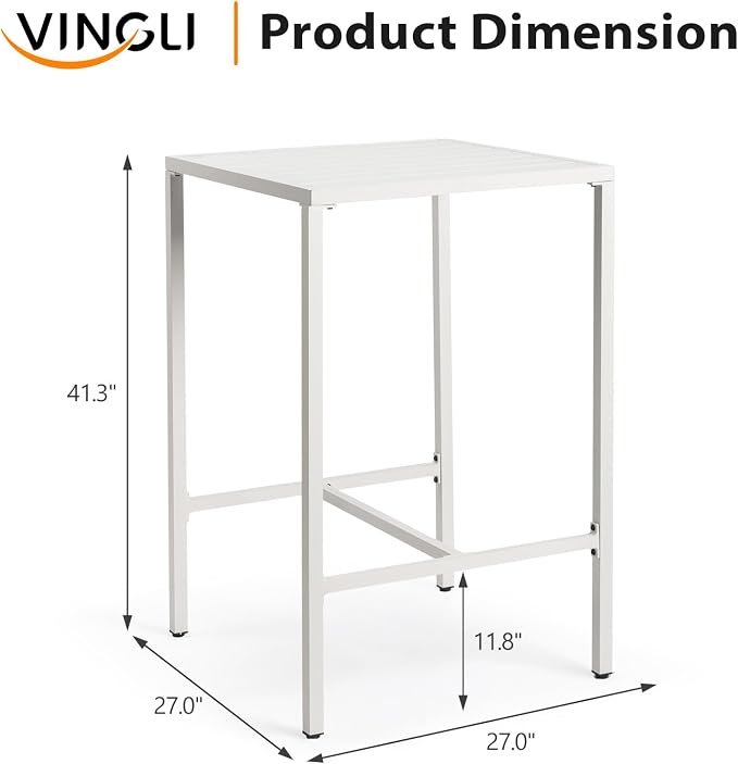 VINGLI 27 Inch Outdoor Bar Table, All-Weather Aluminum Patio Balcony Pub Table for Pool, Blacony, Yard (White)