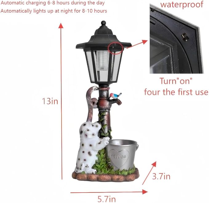 Solar Dalmatian Dog Garden Statue with Light-13 inches - Outdoor Waterproof decor with automatic lighting，perfect for Lawn,Patio, Yard-with Bucket & Bird Figurine for Dog Lovers, Mom, Grandma
